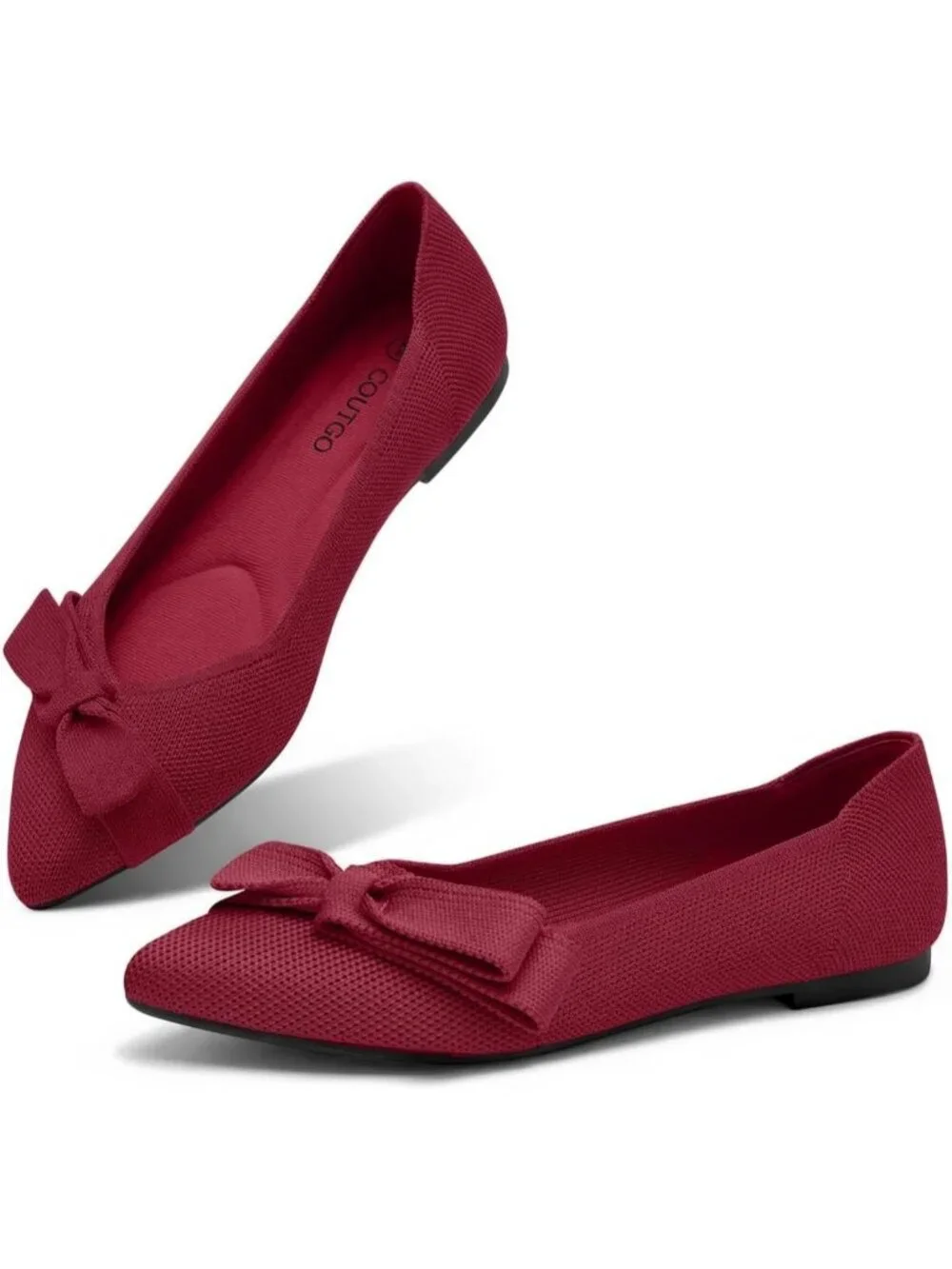 Women's Red Pointed Toe Comfortable Dressy Knit Bow Casual Ballet Flat Shoes